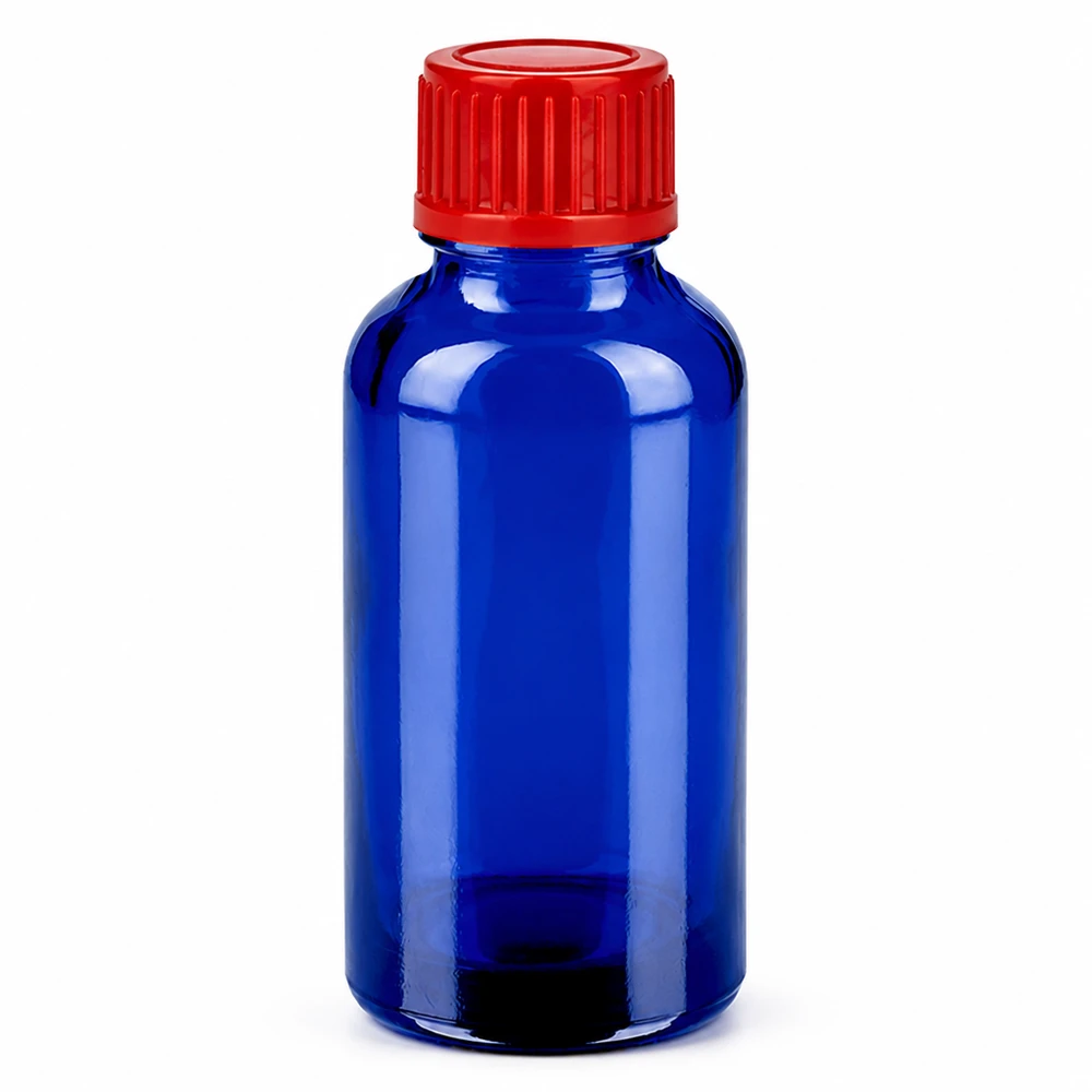 Frasco de 30ml 11mm tampa de rosca vermelha Standard BlueLine UT18/30 Frasco de vidro azul de 30 ml com tampa de rosca vermelha para cosméticos e produtos farmacêuticos