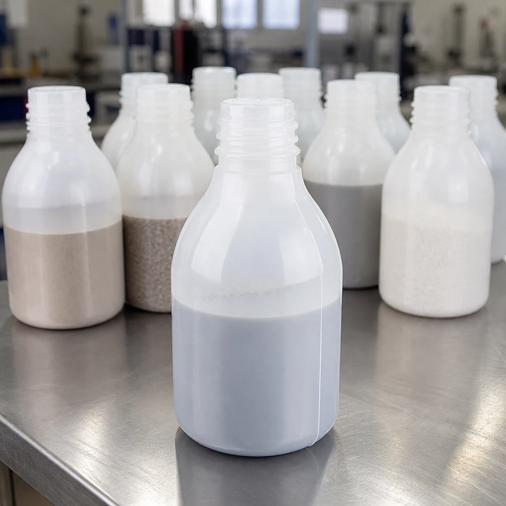Vários frascos de laboratório de gargalo estreito de 30 ml, sem tampa, com várias amostras de pó, sobre uma mesa de aço inoxidável