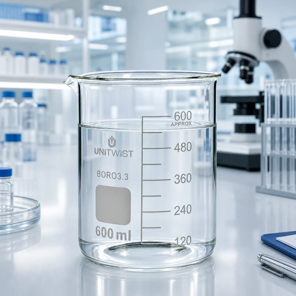 Copo 600 ml de borossilicato, baixo teor de bolor UNiTWIST Copo de vidro UNiTWIST de 600 ml, borossilicato 3.3, transparente, com espaço para anotações, num laboratório moderno