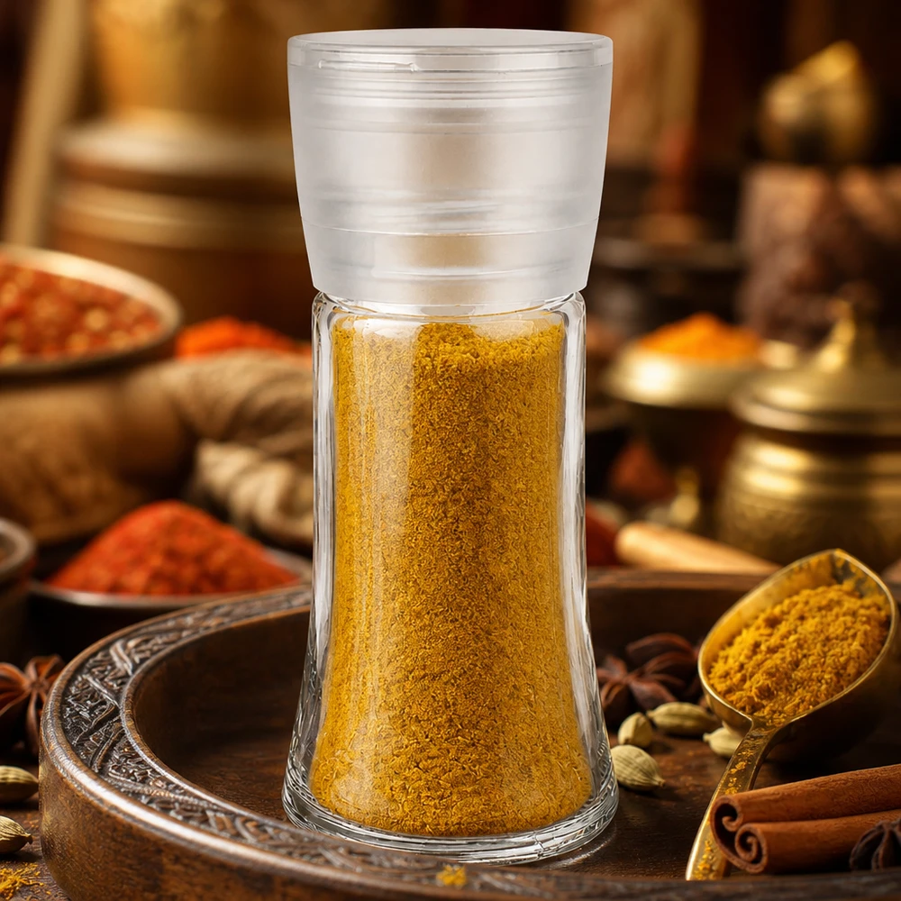 Frasco para especiarias Vario de 95 ml com moinho branco, cheio de caril em pó amarelo, num cenário oriental