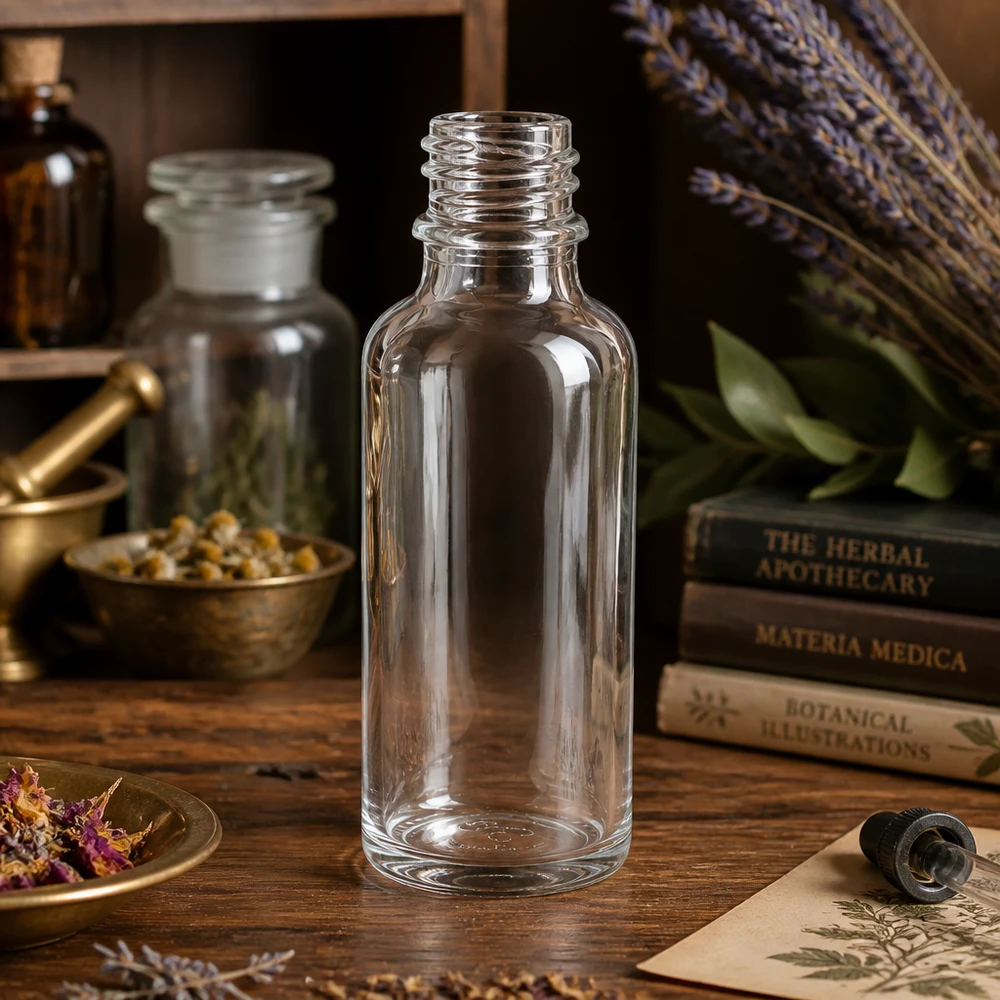 Frasco de vidro transparente ApoGlas de 30 ml para cosméticos naturais DIY e remédios caseiros