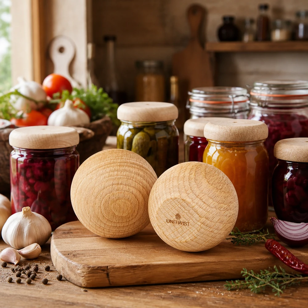 UNiTWIST madeira de faia WECK RR60 bolas numa cozinha rústica com frascos de conserva e ingredientes frescos Exemplo de aplicação