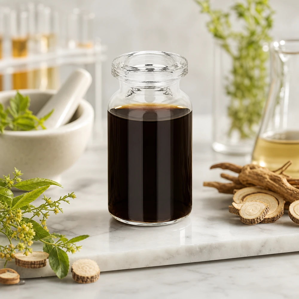 Frasco de injeção de vidro transparente 5ml Klarglas Injektionsflasche 5ml für Naturextrakte mit Likörwurzel und grünen Kräutern dekoriert