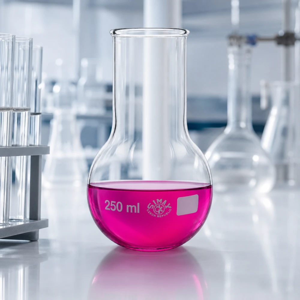 Balão de quadril 250ml pescoço largo Balão de laboratório de 250 ml de boca larga com líquido cor-de-rosa para experiências químicas