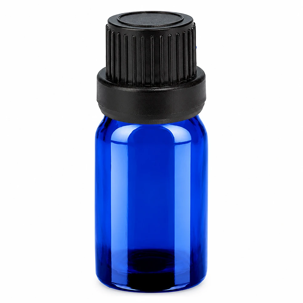 Frasco conta-gotas de 5 ml com tampa inviolável preta de 2 mm BlueLine UT18/5 Frasco conta-gotas de 5 ml azul com tampa preta OV BlueLine UT18 para óleos essenciais
