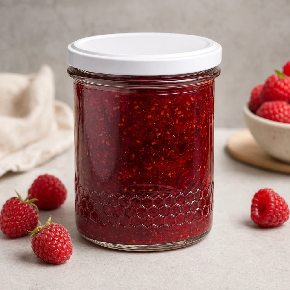 Frasco de mel de 400 ml como frasco de compota para compota de morango cheio de morangos frescos para uso decorativo na cozinha