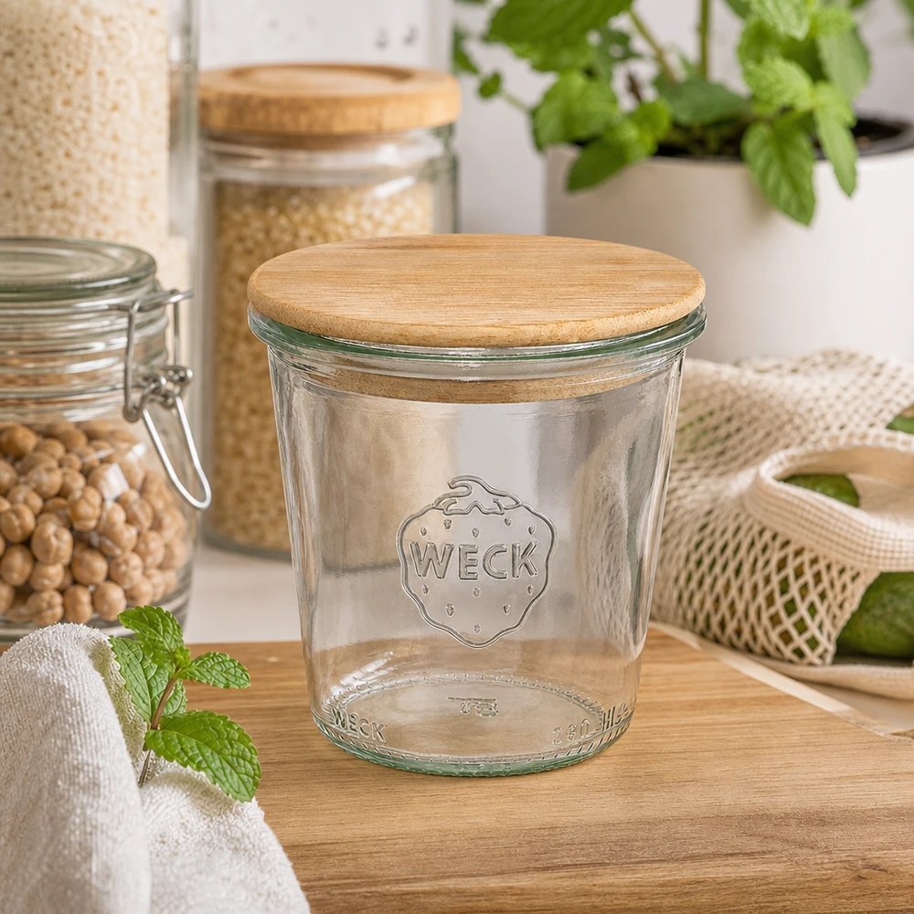 Copos WECK 290ml RR80 com tampa de madeira na cozinha sustentável com frascos de arrumação para ervas aromáticas e materiais naturais