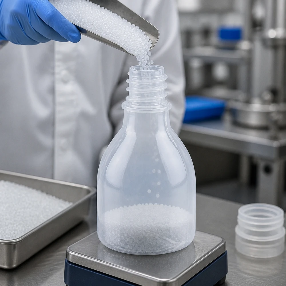 Frasco de laboratório de 20 ml, de gargalo estreito, sem tampa, numa balança de precisão durante a pesagem de granulados