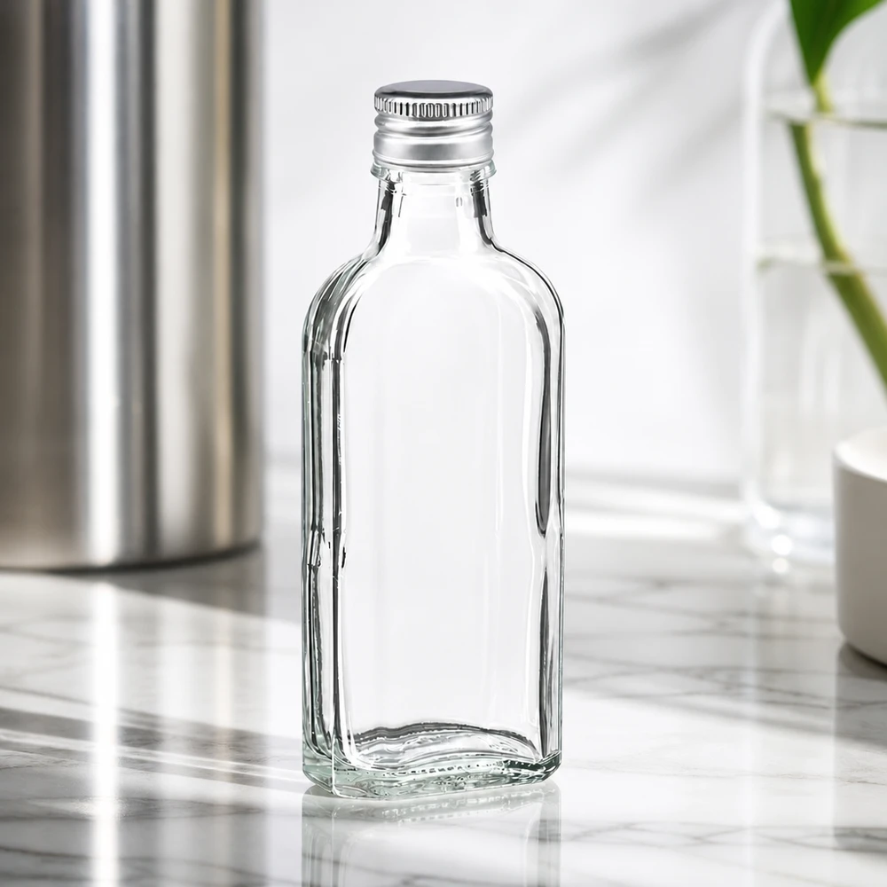 Frasco de vidro transparente Meplat de 100 ml com tampa de alumínio prateada PP22 sobre mármore