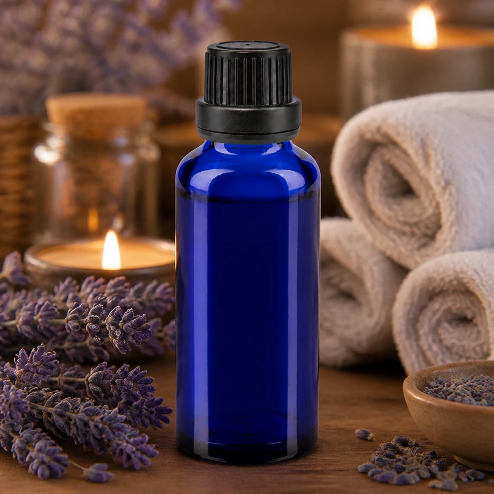 Frasco de vidro azul de 30 ml com tampa conta-gotas para óleo de lavanda e aplicações de aromaterapia