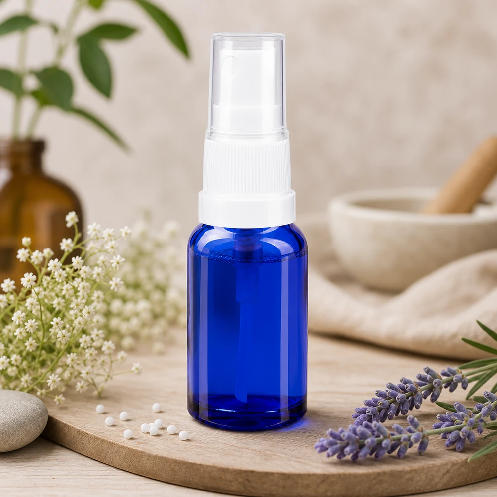 Frasco miniatura de 10 ml em azul cobalto, feito de vidro com proteção UV, com bico pulverizador branco sobre base de madeira