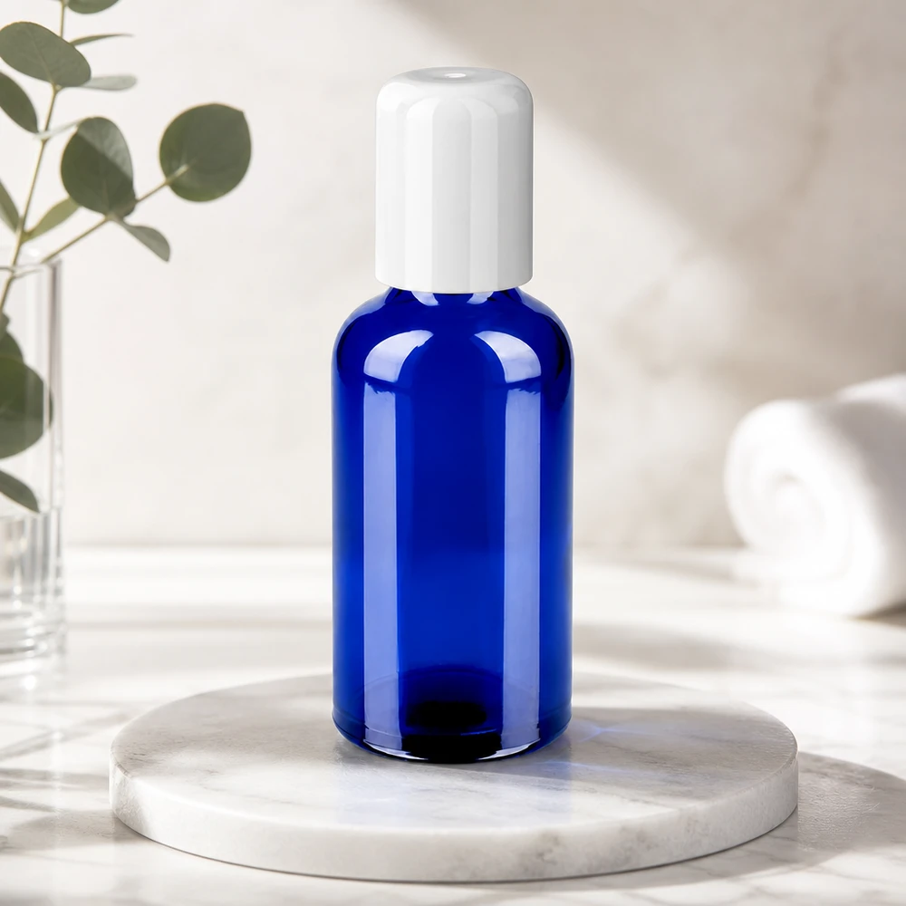 Frasco roll-on de 50ml branco com tampa standard BlueLine UT18/50 Frasco de vidro roll-on azul cobalto de 50 ml STD BlueLine com tampa branca para utilização móvel