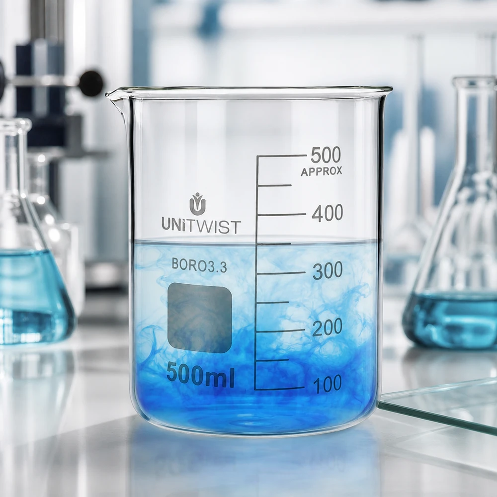 Copo de borossilicato de 500 ml UNiTWIST, de formato baixo, com graduação gravada e bico vertedor