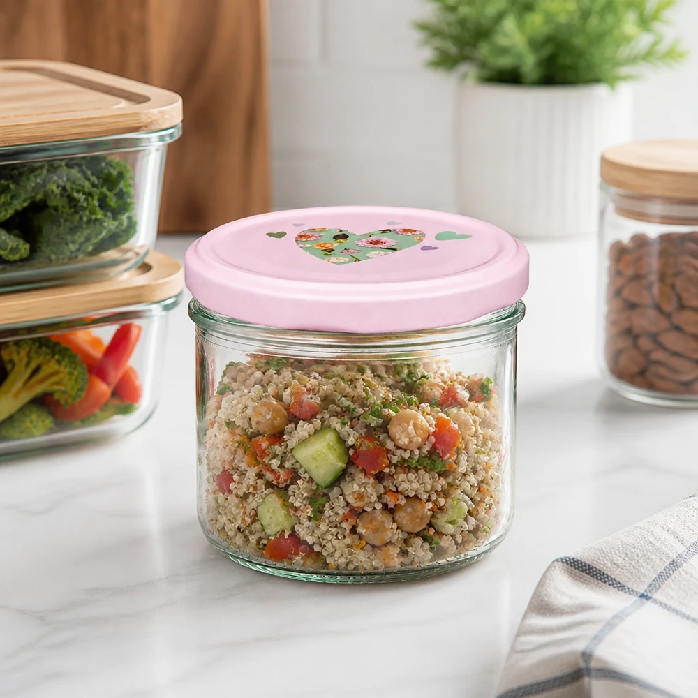 Jarro de 230 ml + tampa BasicSeal coração rosa 230ml Zylinderglas mit rosa Herz-Deckel in moderner Küche, ideal für Quinoa-Salat und gesunde Meal-Prep-Gerichte