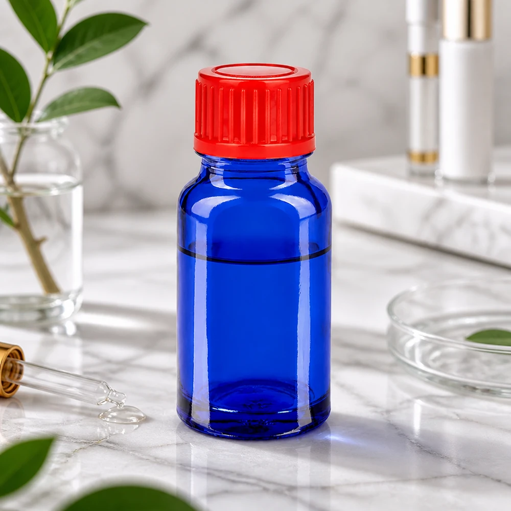 Frasco de 10ml com tampa de rosca de 11mm vermelho standard BlueLine UT18/10 Frasco de vidro de 10 ml de alta qualidade com proteção UV graças ao vidro azul-cobalto e à tampa vermelha segura