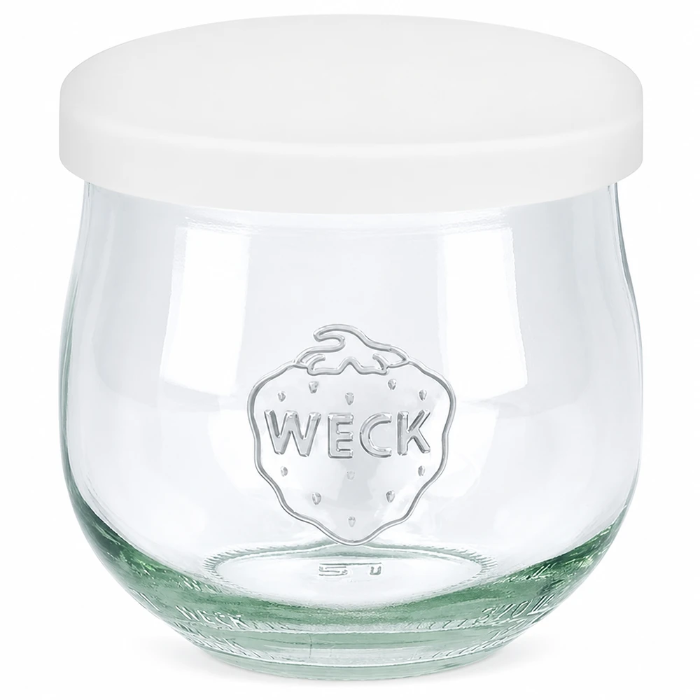 Frasco tulipa WECK 370ml com tampa de silicone branca Frasco para conservas com o logótipo WECK em relevo