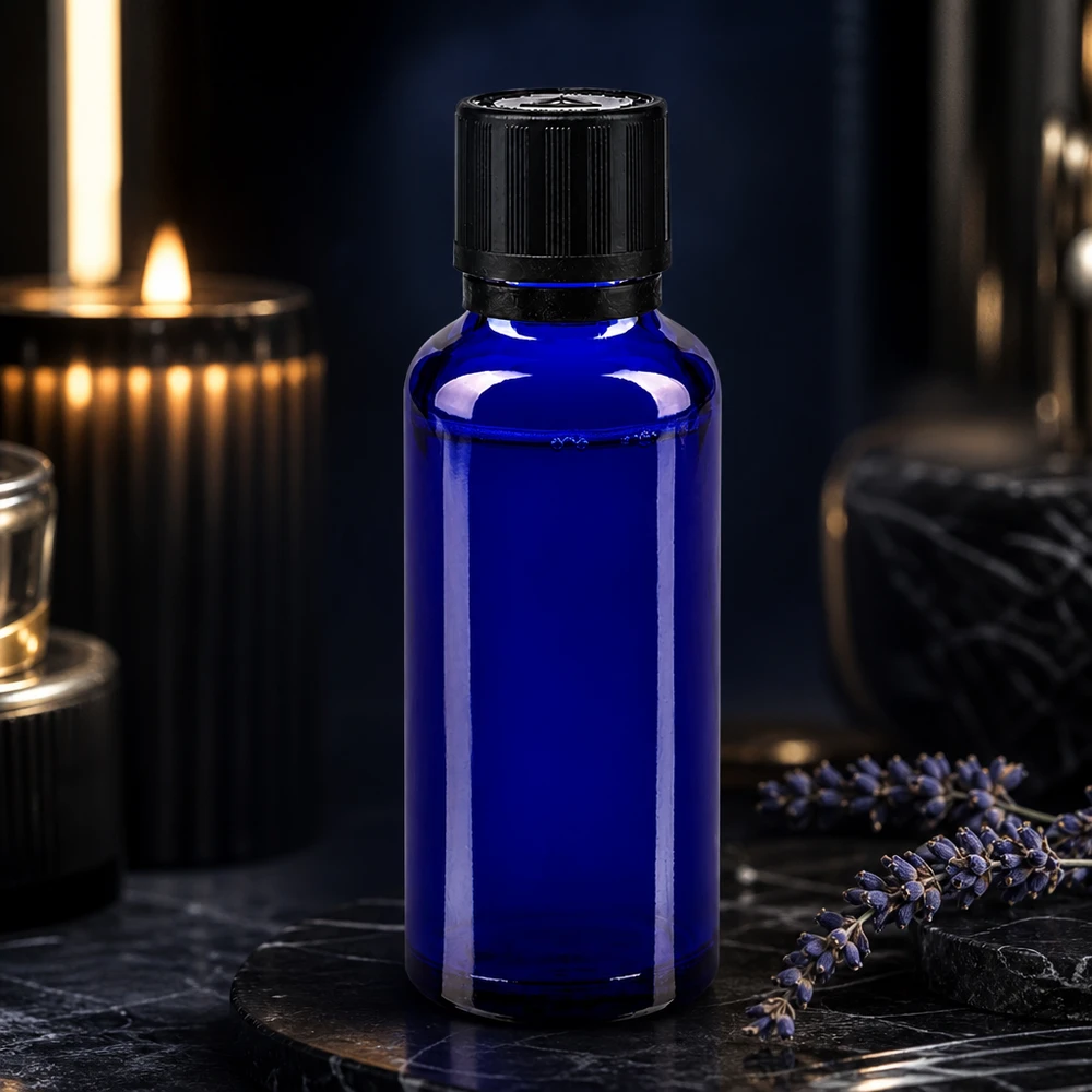 Frasco de vidro azul de 30 ml com tampa de rosca preta e segurança para crianças, para óleos essenciais