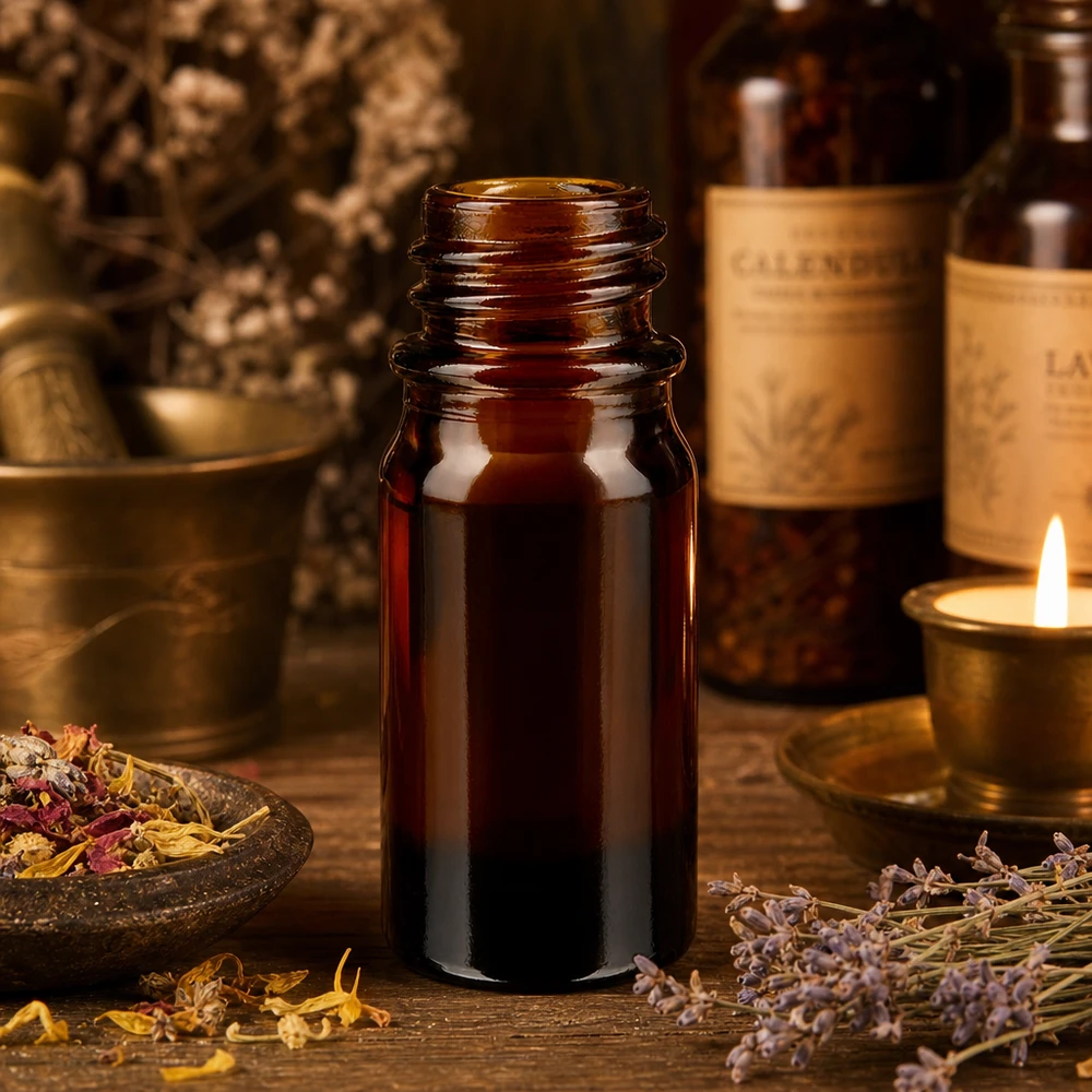 Frasco de vidro castanho ApoGlas de 5 ml com ervas medicinais, almofariz e vela num ambiente de farmácia natural