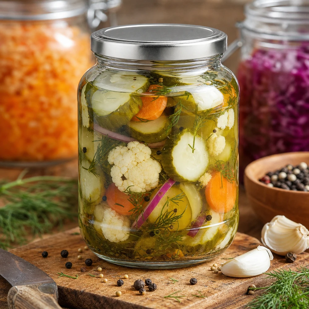 Frasco oval de 370 ml com tampa BasicSeal cheio de legumes fermentados e ervas aromáticas numa tábua de madeira com especiarias