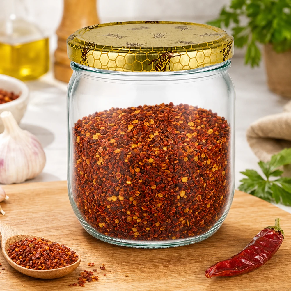 Frasco de mel de 500 g com tampa em forma de favo de mel cheio de mistura de especiarias picantes sobre uma tábua de madeira na cozinha