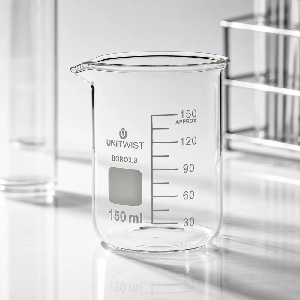 Copo de vidro UNiTwist de 150 ml, borossilicato 3.3, de formato baixo, vazio, sobre uma bancada de laboratório branca
