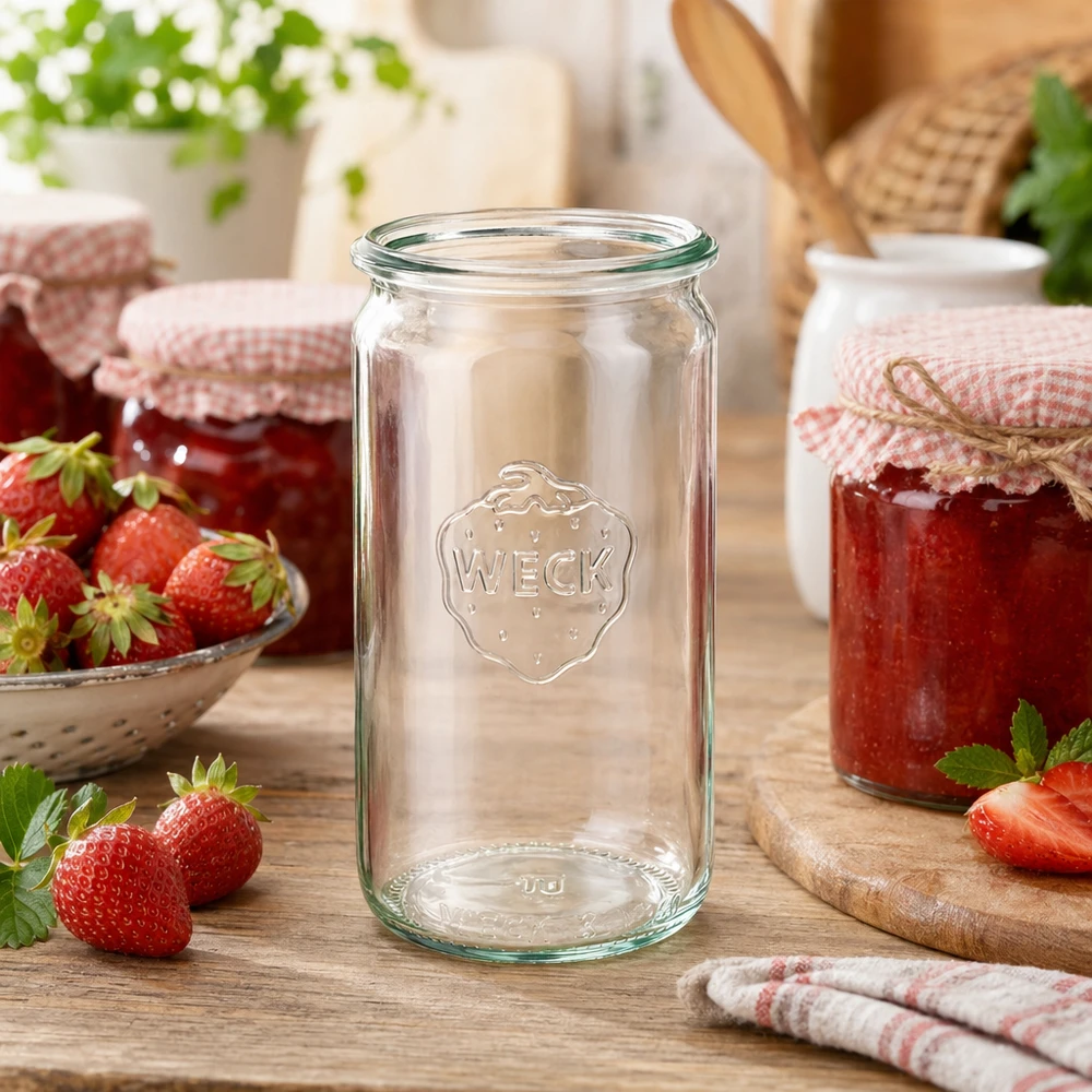 Frasco cilíndrico de vidro WECK RR60 de 340 ml Frasco cilíndrico WECK 340ml RR60 em cena de cozinha com morangos e compota caseira sobre mesa de madeira