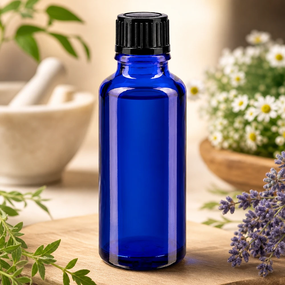 Frasco de farmácia azul 30ml tampa de rosca preta standard Frasco de vidro azul de 30 ml com tampa preta de 11 mm, entre flores de camomila e ervas