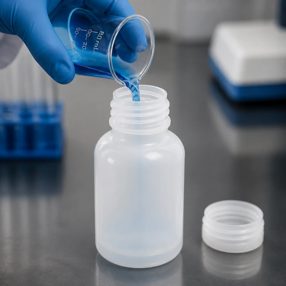 Um técnico de laboratório verte um líquido azul de um copo medidor para um frasco de gargalo largo de 100 ml, usando uma luva azul