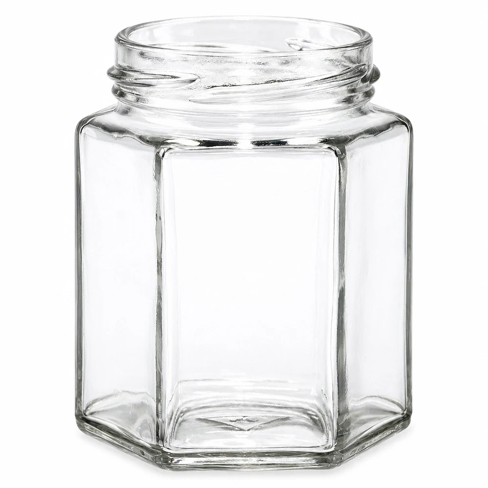 Frasco hexagonal com tampa de rosca 196ml TO82 rosca transparente vazio sem tampa para compota e mel