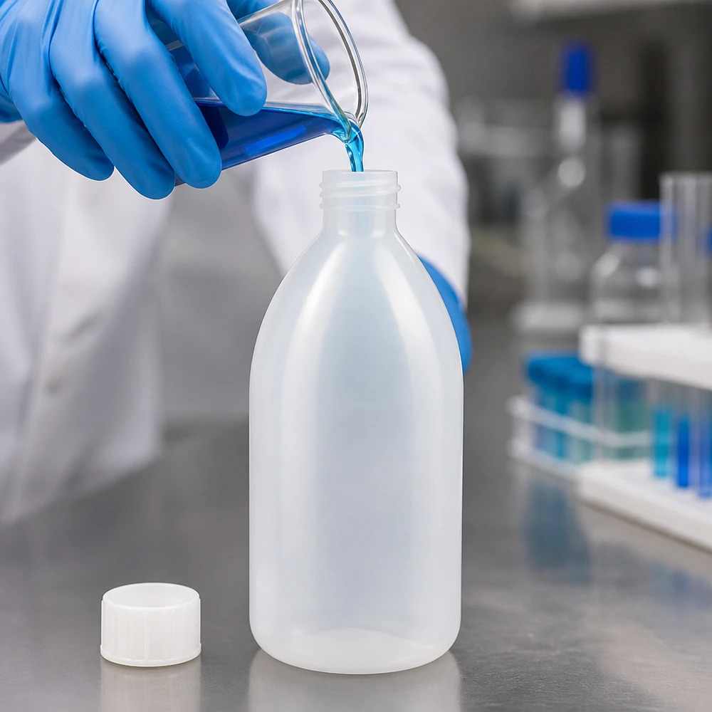 Frasco de rosca de 1000 ml, frasco de laboratório com gargalo estreito 1000ml Enghals Schraubflasche aus PE im Chemielabor neben Reagenzgläsern mit blauer Lösung