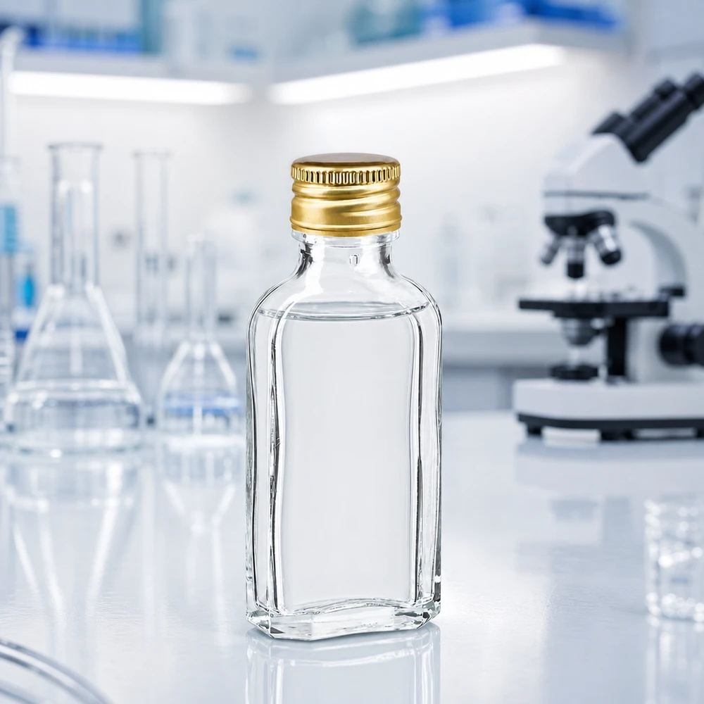 50 ml Meplat transparente com tampa de alumínio dourada PP22 Frasco de vidro transparente de 50 ml, de formato plano «Meplat», com tampa de rosca em alumínio dourado PP22, em laboratório