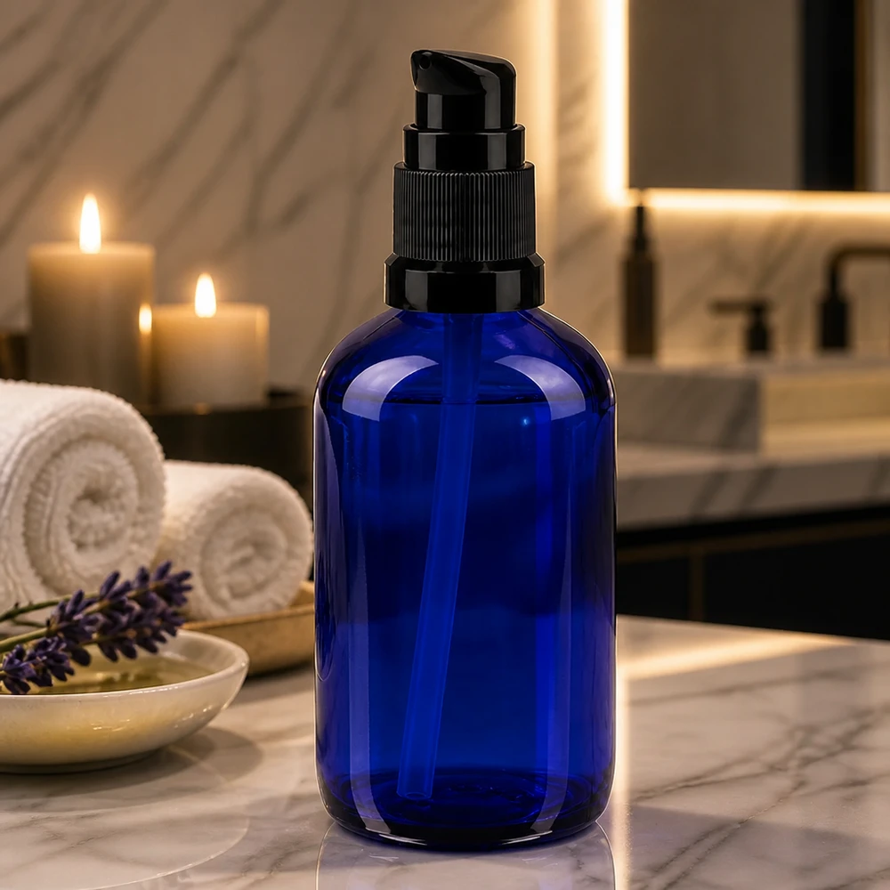 Elegante frasco com bomba de 100 ml, em vidro de farmácia azul com dispensador preto, sobre uma base de mármore, ao lado de velas