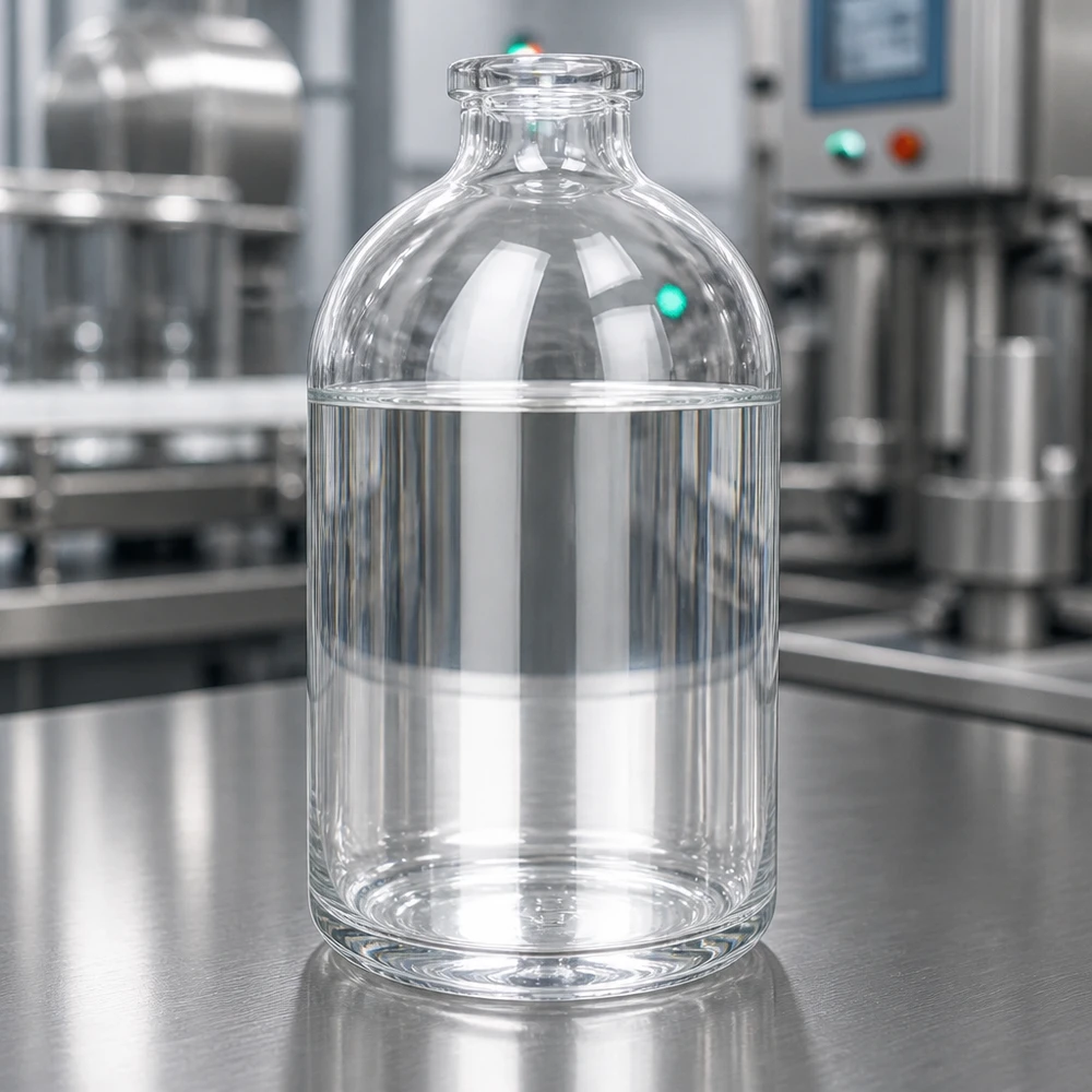 Frasco de injeção de vidro transparente 100ml Medizinische Klarglasflasche 100ml mit flachem Standboden vor industriellem Maschinenhintergrund
