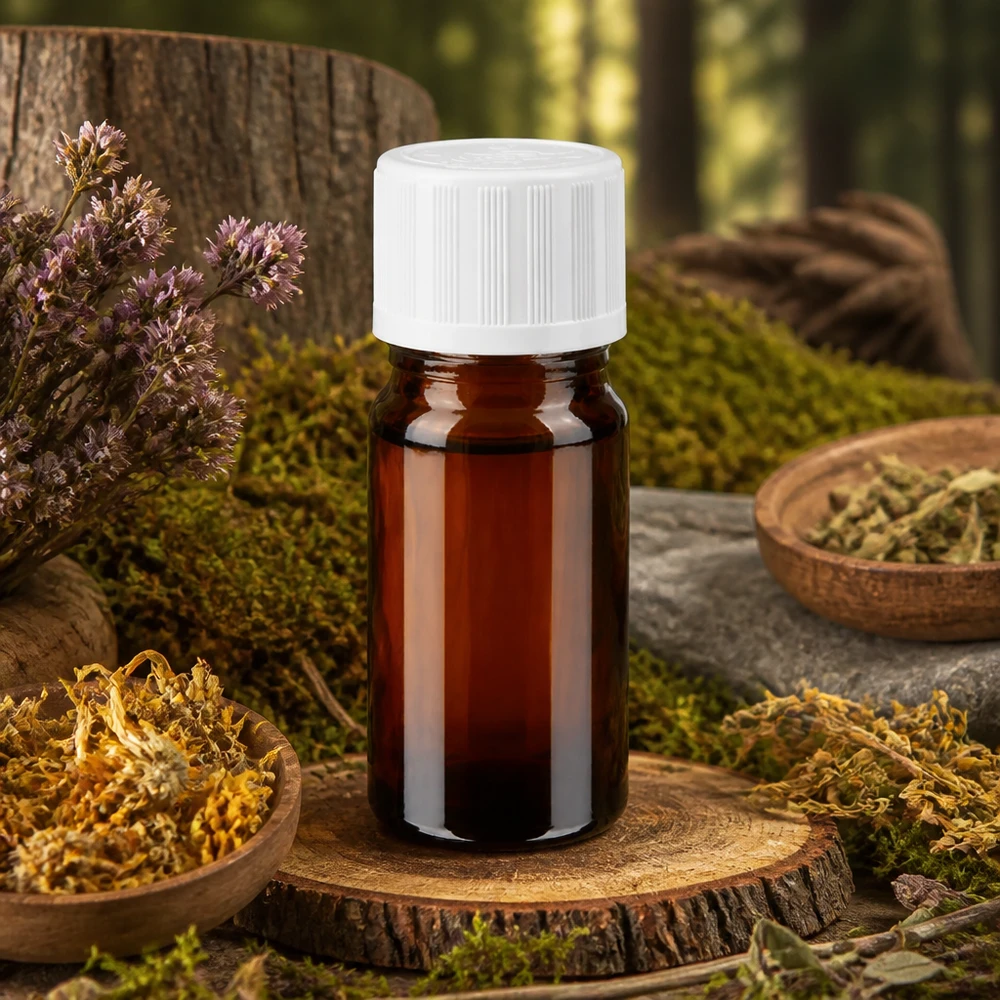 Pequeno frasco de vidro castanho de 5 ml com tampa KiSi branca sobre um disco de madeira, entre ervas naturais