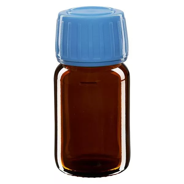 30ml Medizinflasche braun, Verschluss blau mit Originalitätsring ApoGlas 30ml Medizinflasche braun, Verschluss blau mit Originalitätsring ApoGlas