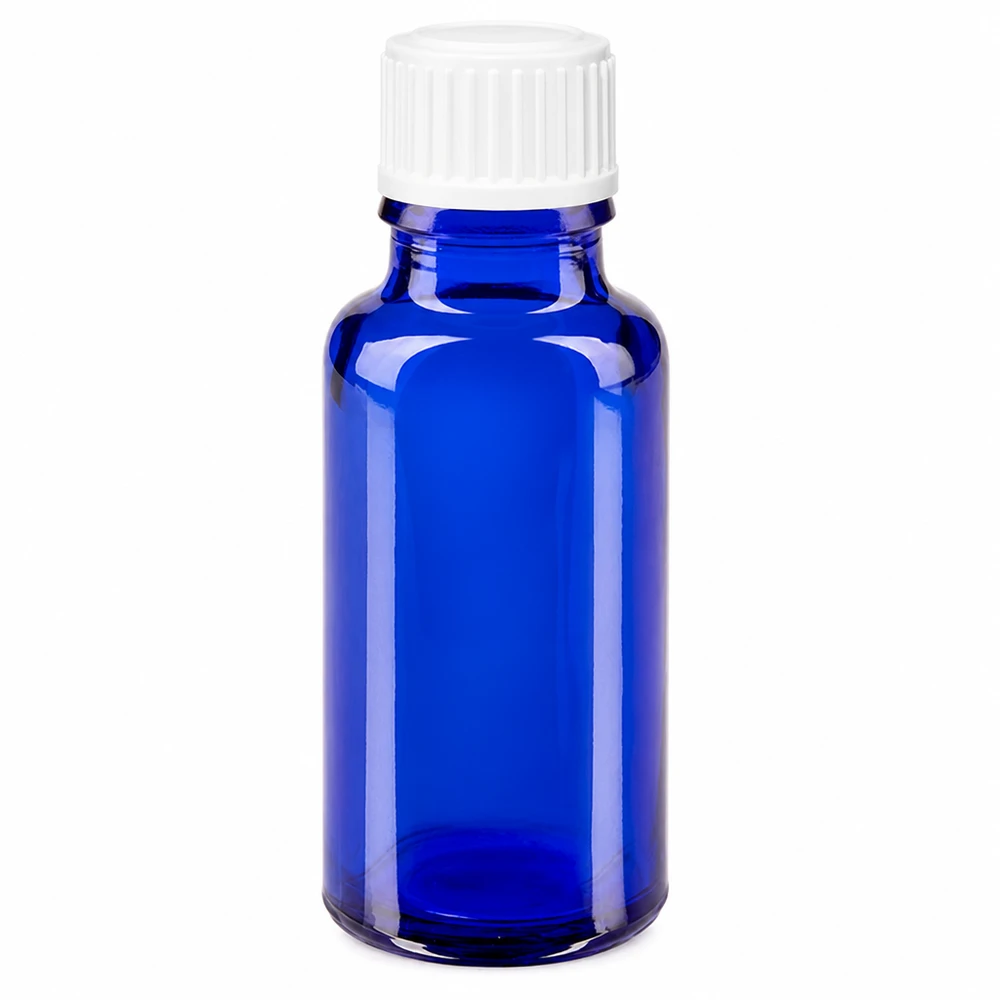 Frasco de vidro azul de 20 ml com tampa de rosca branca para farmácias e laboratórios