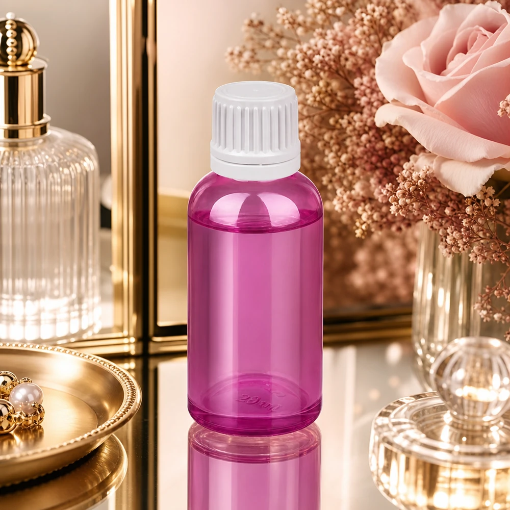 Frasco de 30ml com tampa de rosca de 11mm branca Originalidade tampa de rosca PurpleLine UT18/30 Frasco de 30 ml com abertura de 11 mm em violeta para uma dosagem precisa de óleos de cuidado e essências