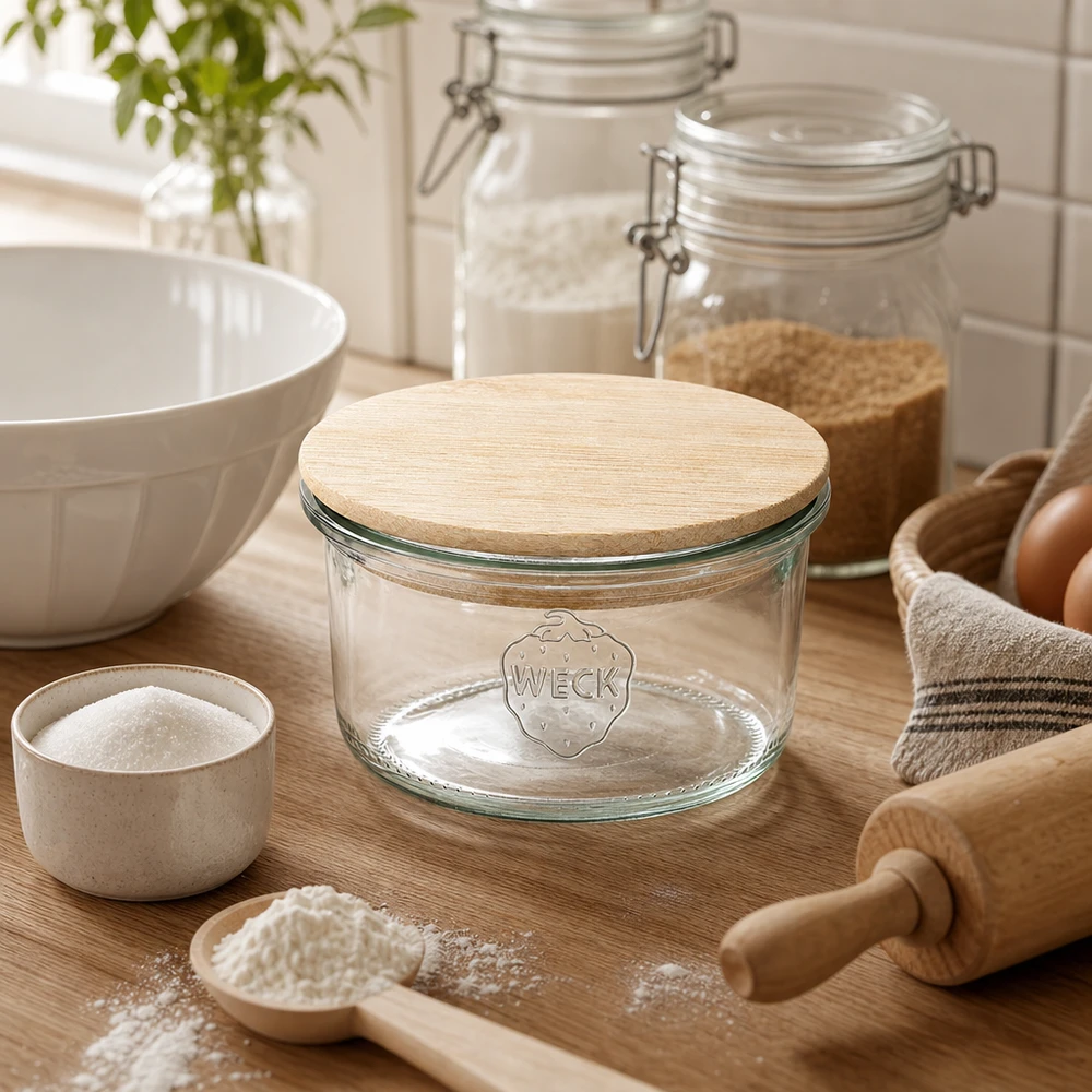 Frasco de vidro WECK RR80 de 165 ml com tampa de bambu num cenário de cozinha natural com ingredientes de pastelaria e utensílios de madeira