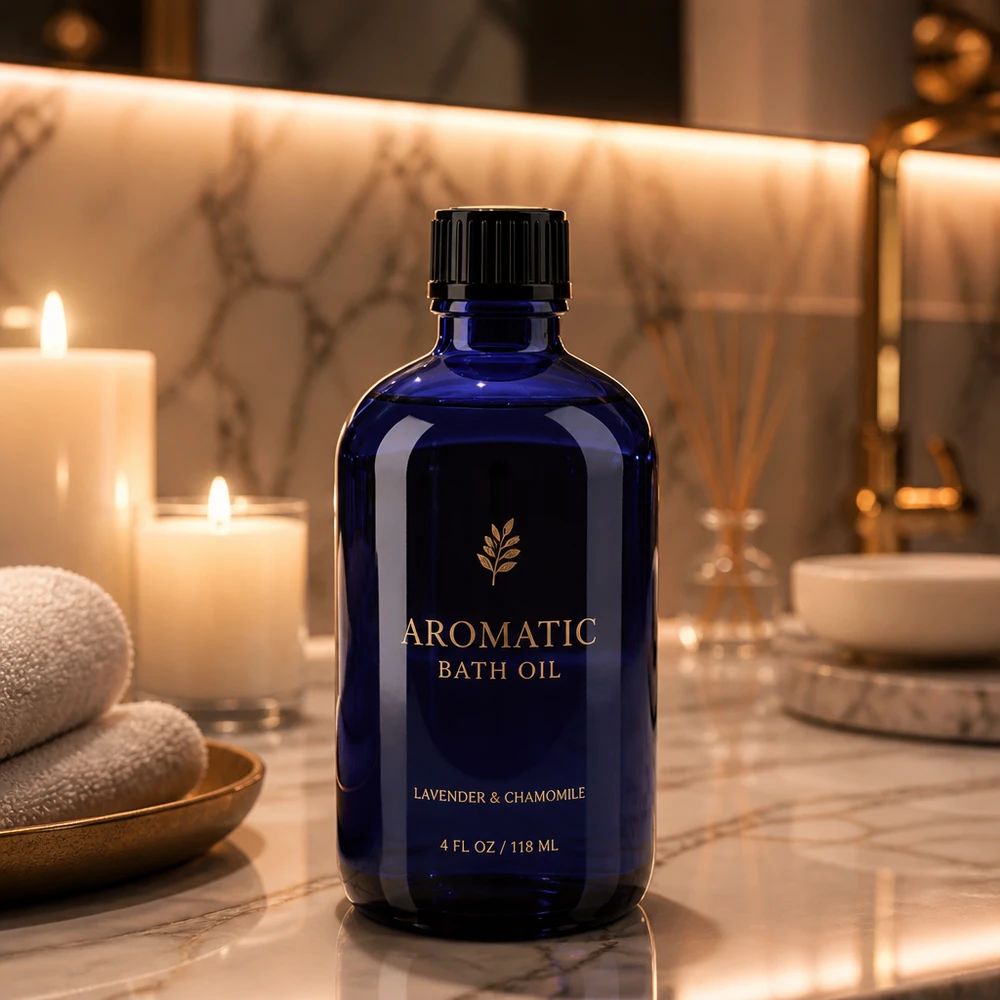 Frasco de vidro azul de 100 ml com tampa conta-gotas preta para óleos essenciais e produtos aromáticos