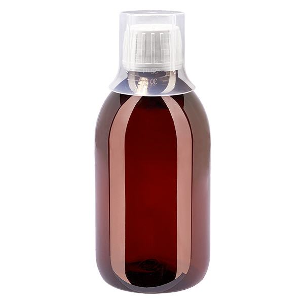 Frasco PET 250ml com tampa branca inviolável + copo Frasco PET 250ml com tampa branca inviolável + copo