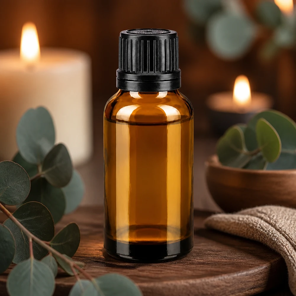 Frasco de vidro castanho de 20 ml com tampa conta-gotas preta, apoiado sobre madeira, com eucalipto e velas