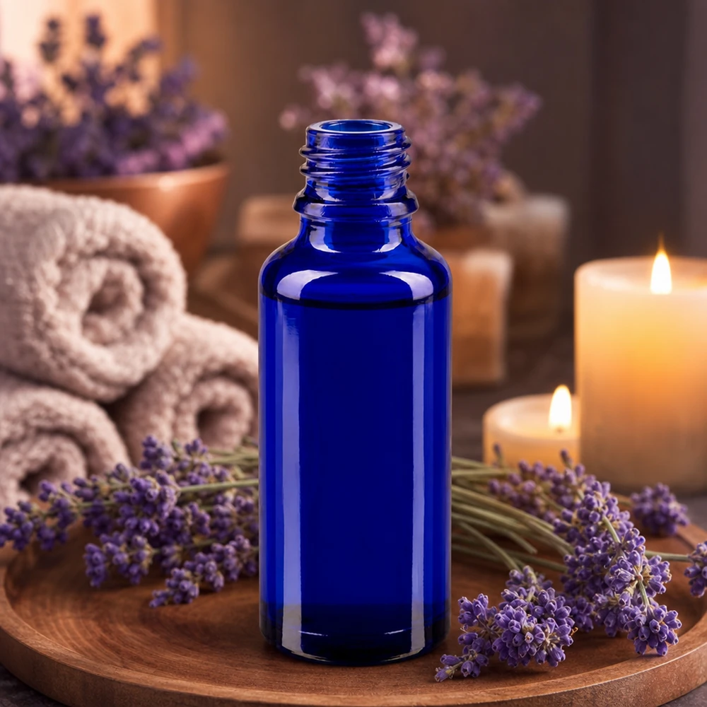Pequeno frasco de farmácia ApoGlas de 30 ml, num azul intenso, ao lado de flores frescas de lavanda