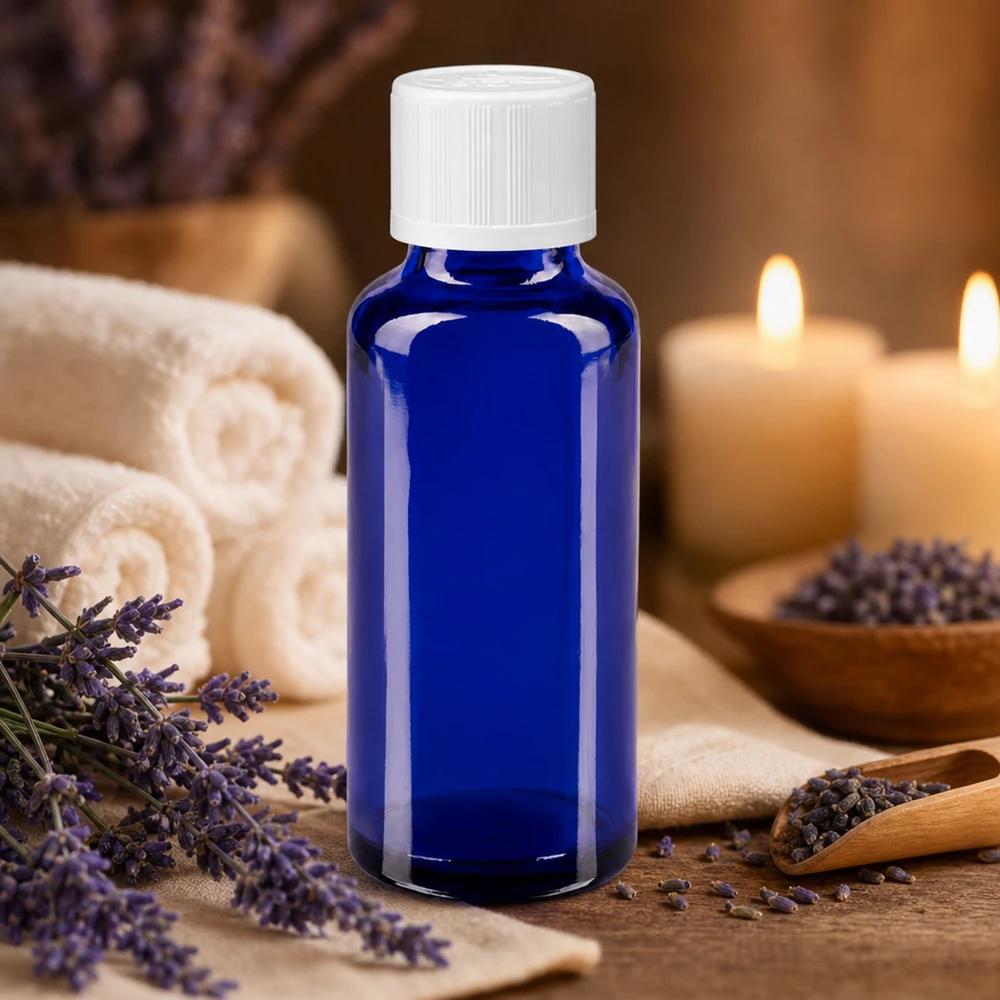Frasco de vidro azul de 30 ml com conta-gotas, rodeado por flores de lavanda e velas para aromaterapia