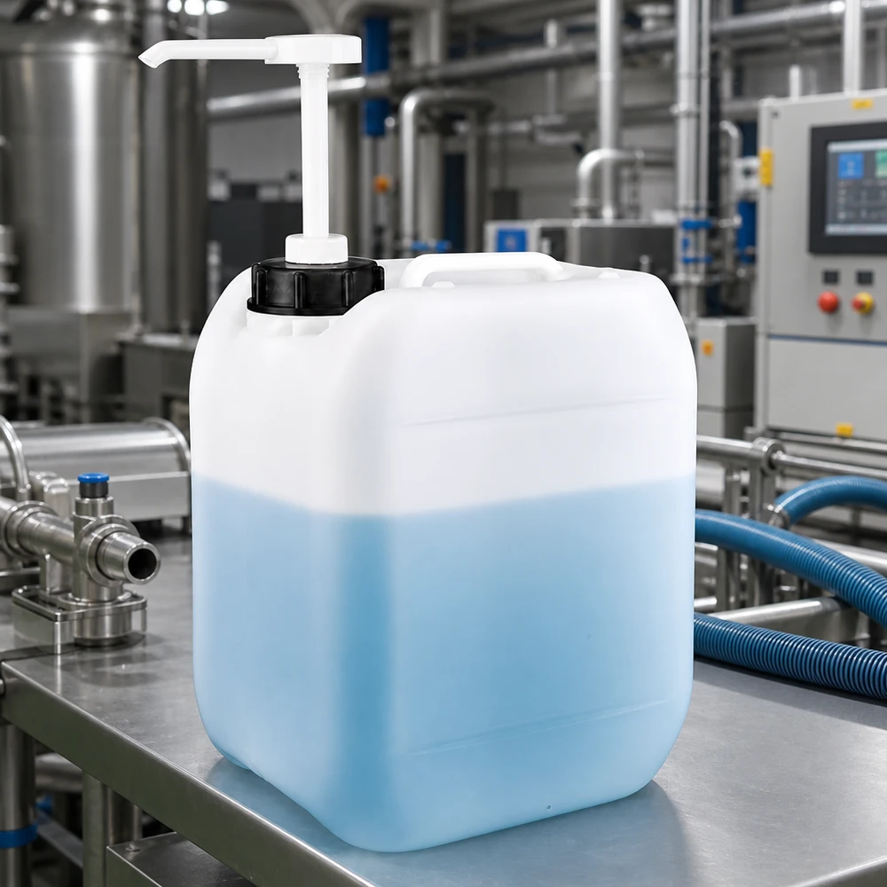 Bidão transparente de 5 L com líquido azul e bomba dosadora branca numa unidade de produção industrial