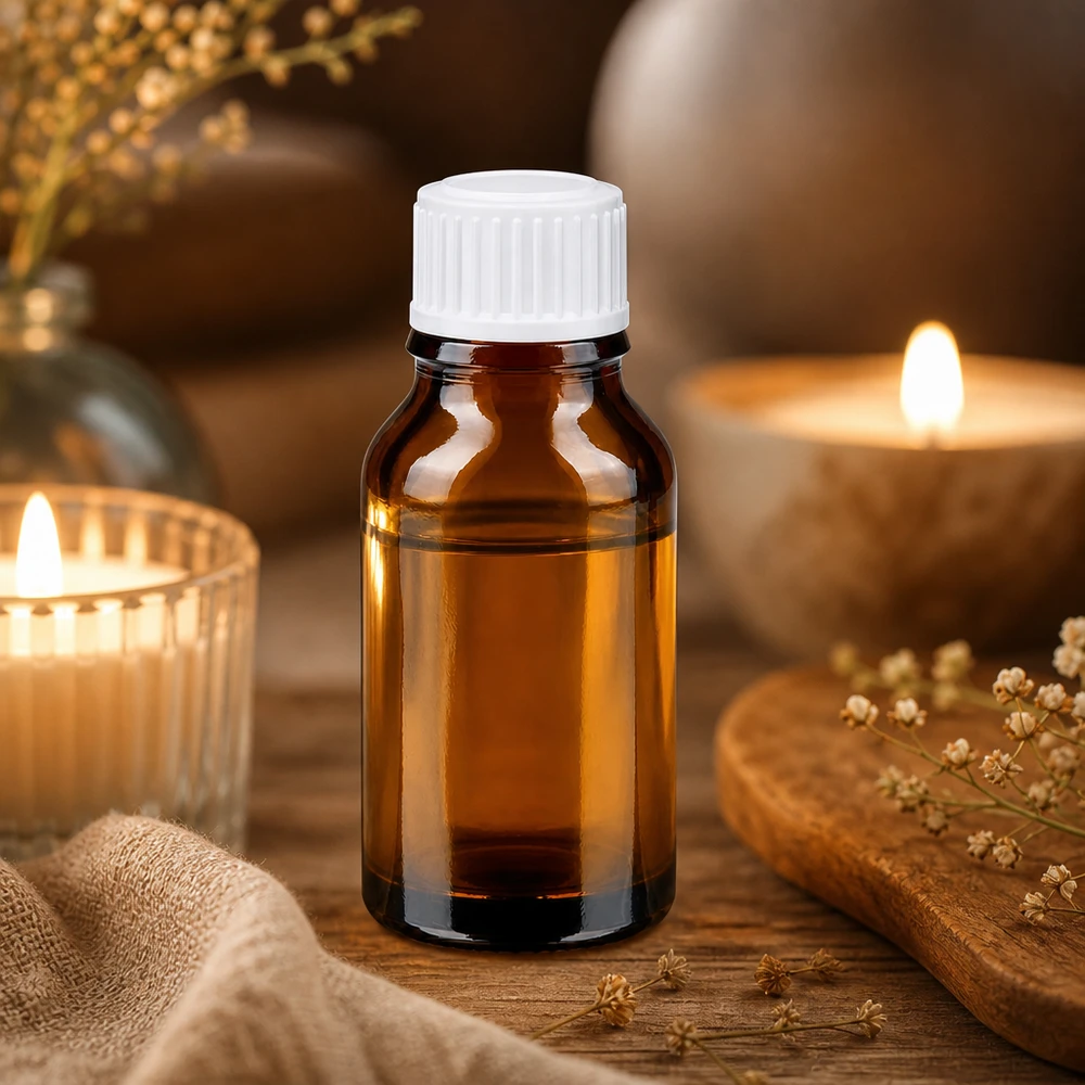 Garrafa de vidro cor de âmbar de 15 ml com tampa de rosca branca, sobre uma superfície de madeira com velas