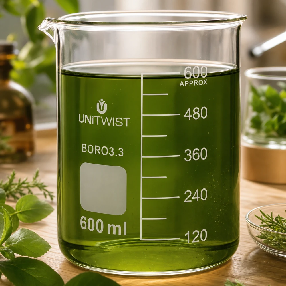 Copo de vidro UNiTWIST de 600 ml, cheio de um líquido verde à base de ervas e rodeado de ervas frescas