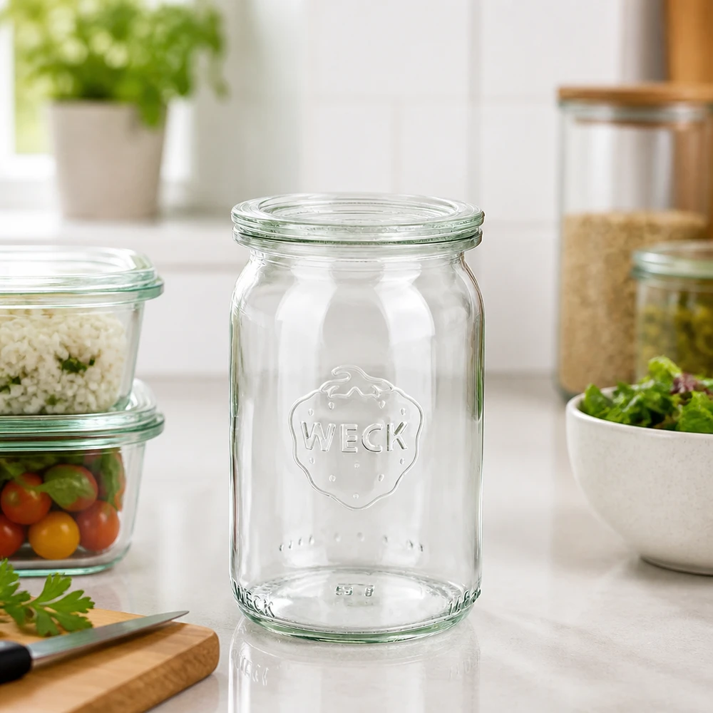 Frasco cilíndrico WECK de 145 ml RR40 vazio na bancada da cozinha com frascos de arrumação e ervas aromáticas frescas ao fundo
