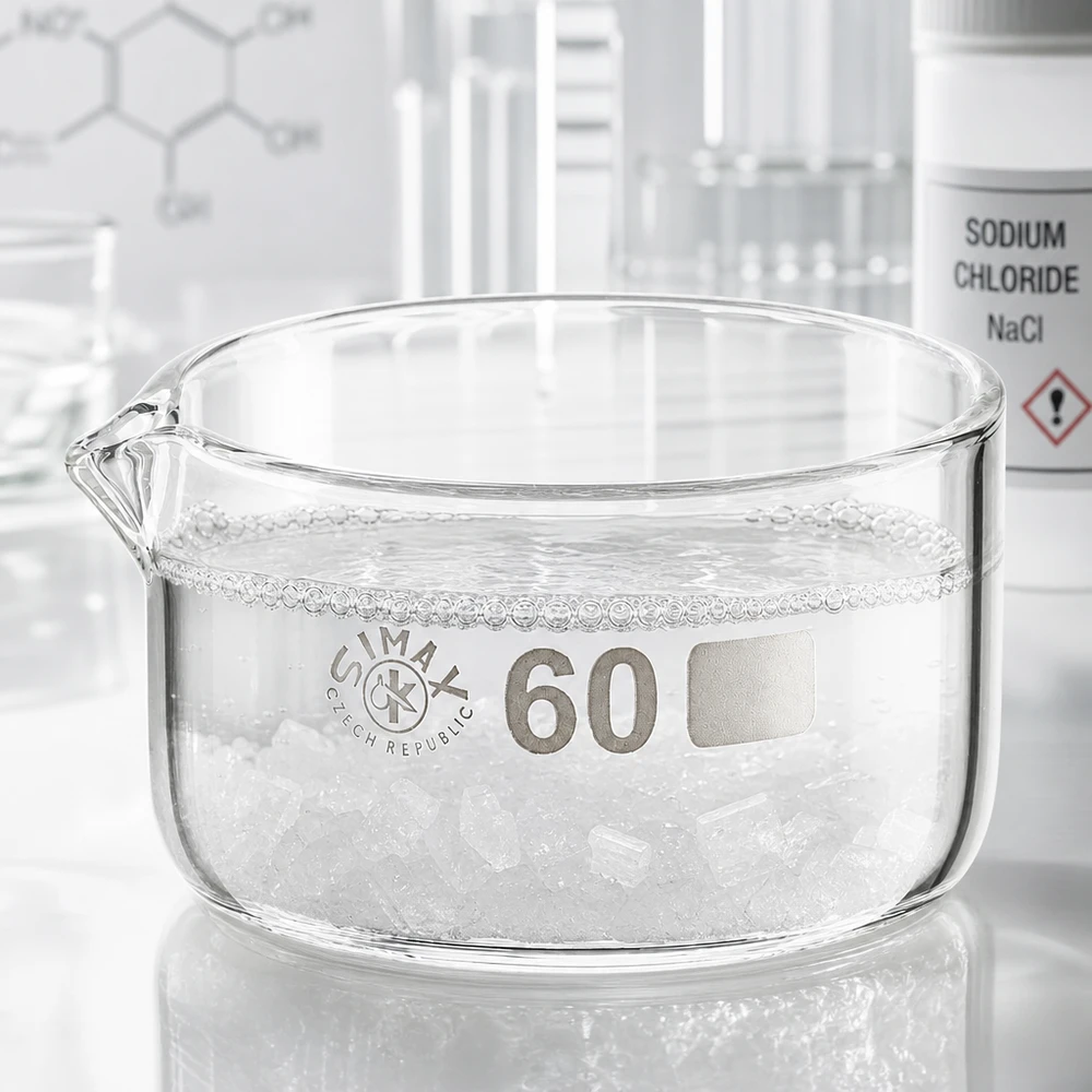 Taça de cristalização de 60 ml com cristais de cloreto de sódio; taça de vidro de laboratório, formato plano, com bico de vertimento