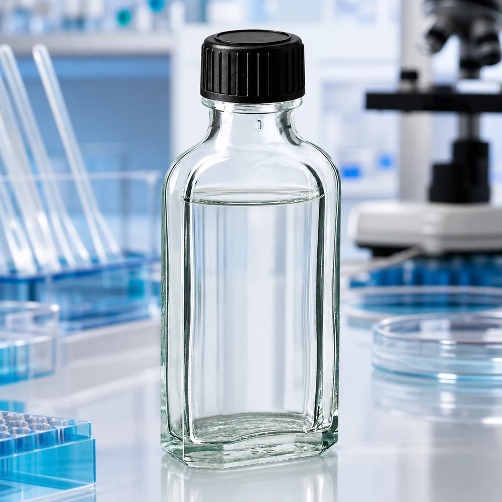 Frasco transparente Meplat de 50 ml com anel de vedação LKD em ambiente laboratorial profissional
