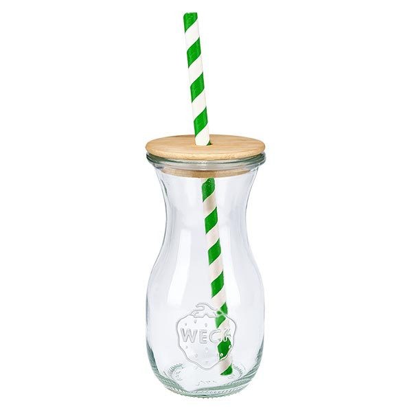 6 x garrafa de sumo WECK 290ml RR60 com tampa de madeira e 100 eco S Garrafa de sumo WECK de 290 ml com tampa de madeira natural e palhinha ecológica verde e branca copo de vidro com vista única